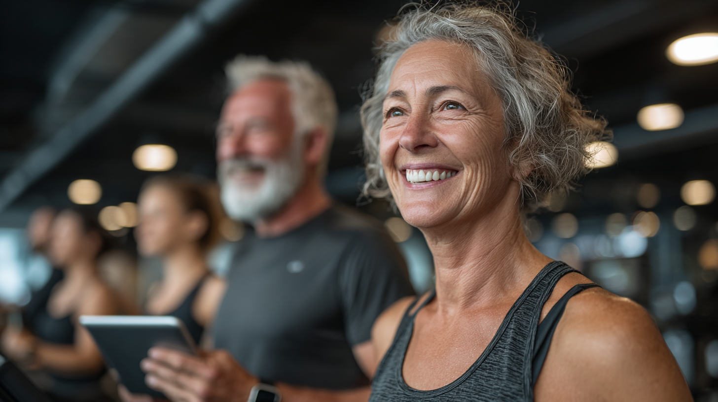 Група людей старшого віку займається фітнесом у світлому залі