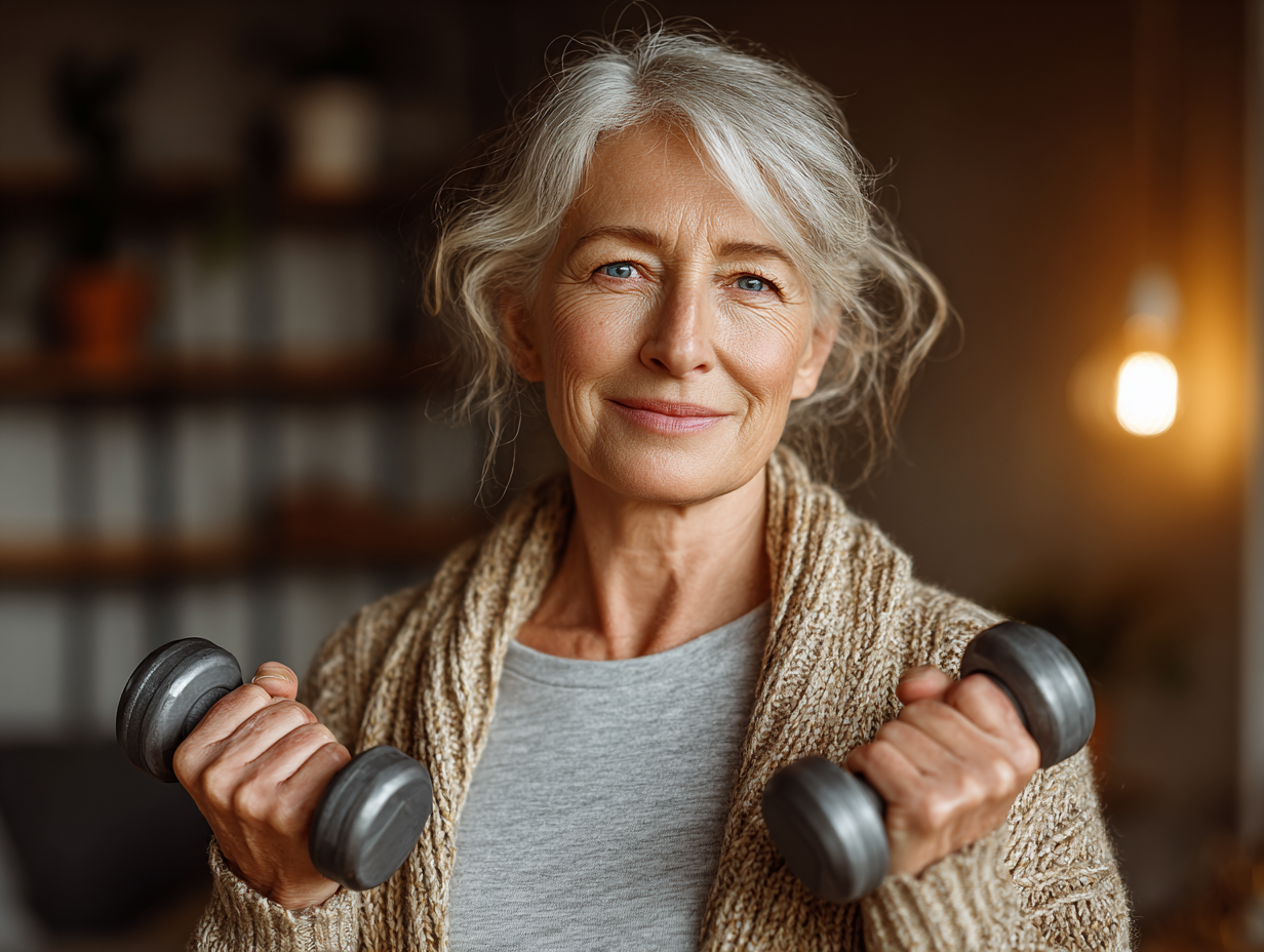Літня жінка виконує вправи з гантелями під наглядом тренера